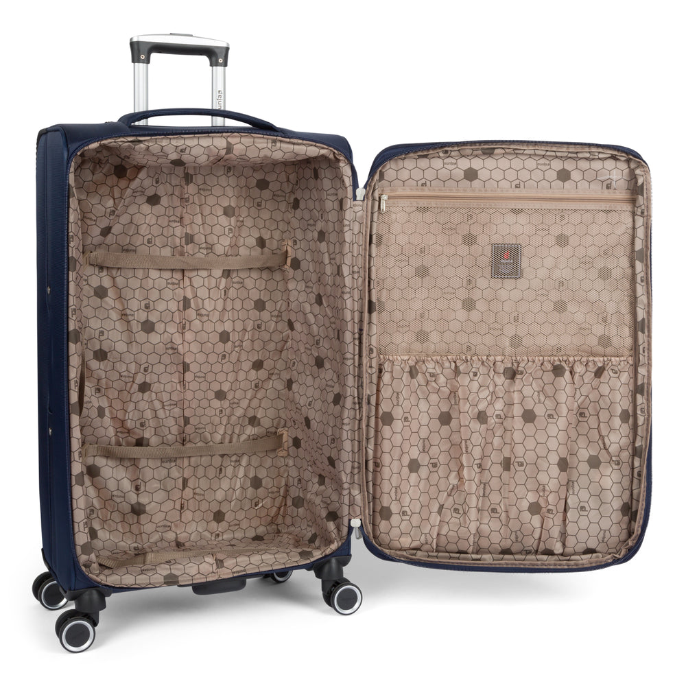Dawson softside spinner suitcase in Navy, open, showing the lined interior and compression straps