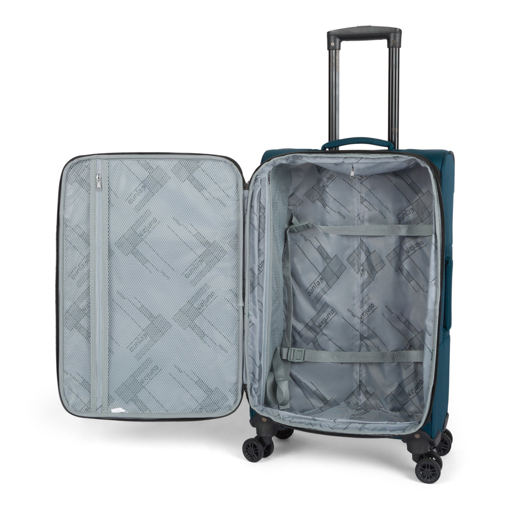 Jasper softside spinner suitcase in Green, open, showing the lined interior and compression straps