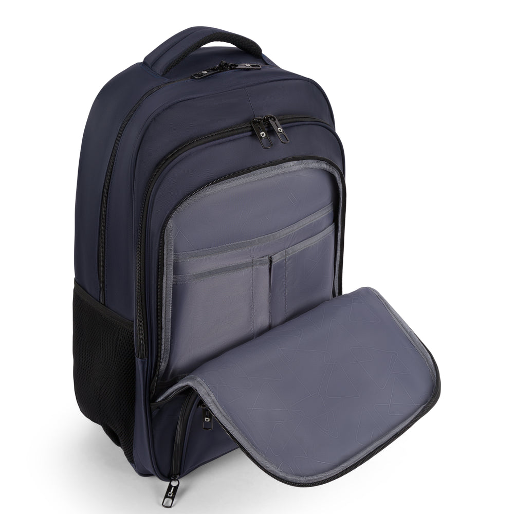 Pioneer laptop backpack with trolley sleeve in Navy, front organizer pocket