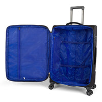 Executive softside spinner suitcase in Black, open, showing the lined interior and compression straps