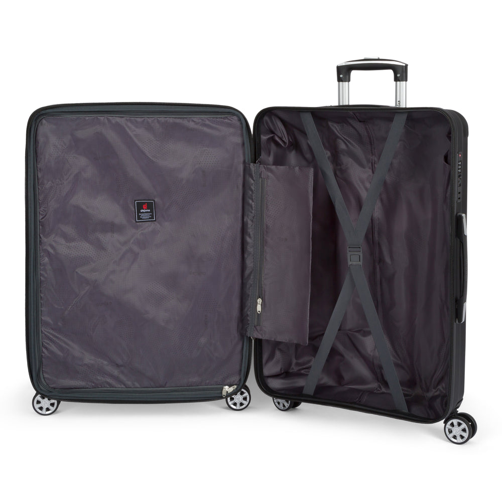 Tutin hardside spinner suitcase in Black, open, showing the lined interior and compression straps