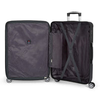 Tutin hardside spinner suitcase in Black, open, showing the lined interior and compression straps