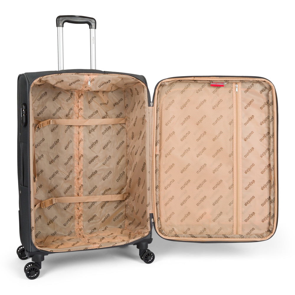 Legacy II softside spinner suitcase in Gray, open, showing the lined interior and compression straps