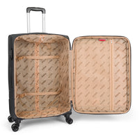 Legacy II softside spinner suitcase in Gray, open, showing the lined interior and compression straps