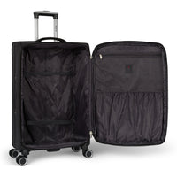 Durango softside spinner suitcase in Black, open, showing the lined interior and compression straps