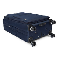 Dawson softside spinner suitcase in Navy, close-up of the spinner wheels