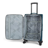 Jasper softside spinner suitcase in Green, open, showing the lined interior and compression straps