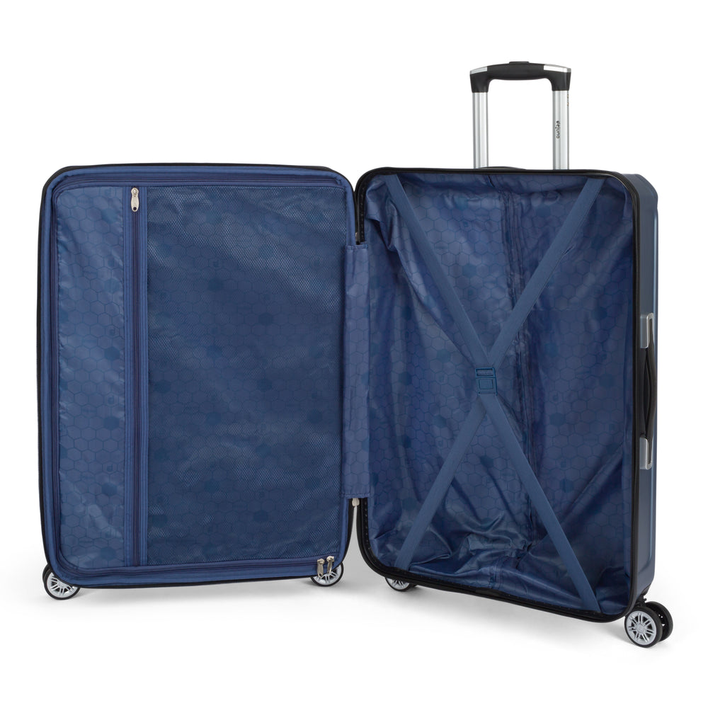 Beaumont hardside spinner suitcase in Blue, open, showing the lined interior and compression straps