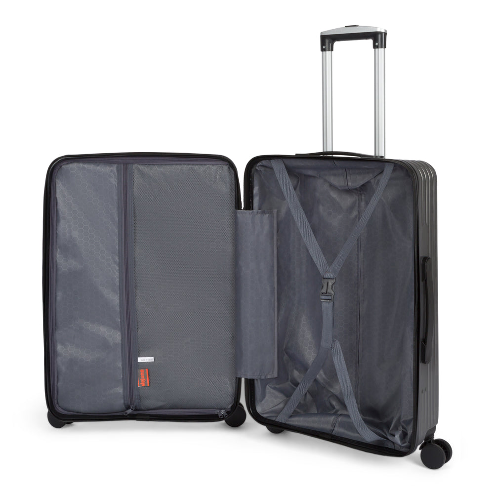 Cornwall hardside spinner suitcase in Charcoal, open, showing the lined interior and compression straps