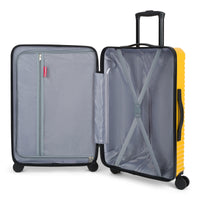 Abrams hardside spinner suitcase in Yellow, open, showing the lined interior and compression straps