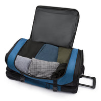Excursion rolling duffel bag in Black Navy, open, showing the interior pockets