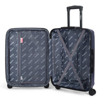 Camden II hardside spinner suitcase in Ocean Blue, open, showing the lined interior and compression straps