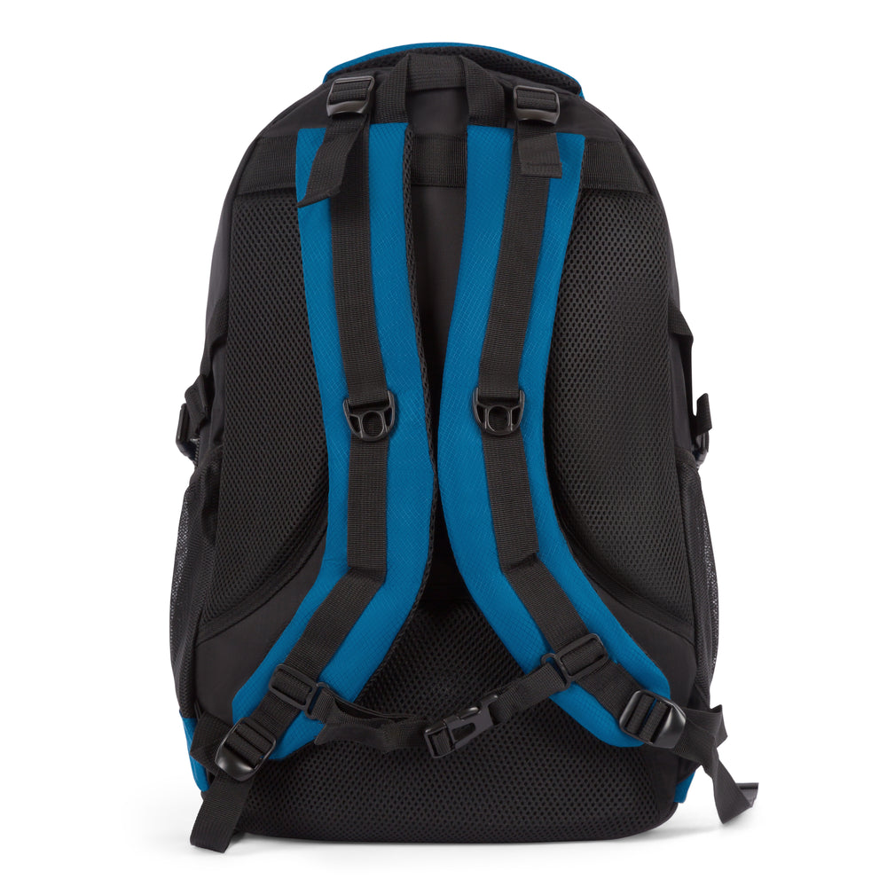 Hubbard laptop backpack with hip belt in Navy, back view with padded back panel and shoulder straps