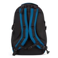 Hubbard laptop backpack with hip belt in Navy, back view with padded back panel and shoulder straps