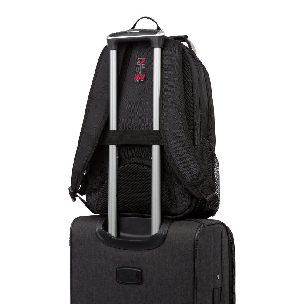 Commuter TSA-friendly laptop backpack in Black, trolley sleeve on the back panel