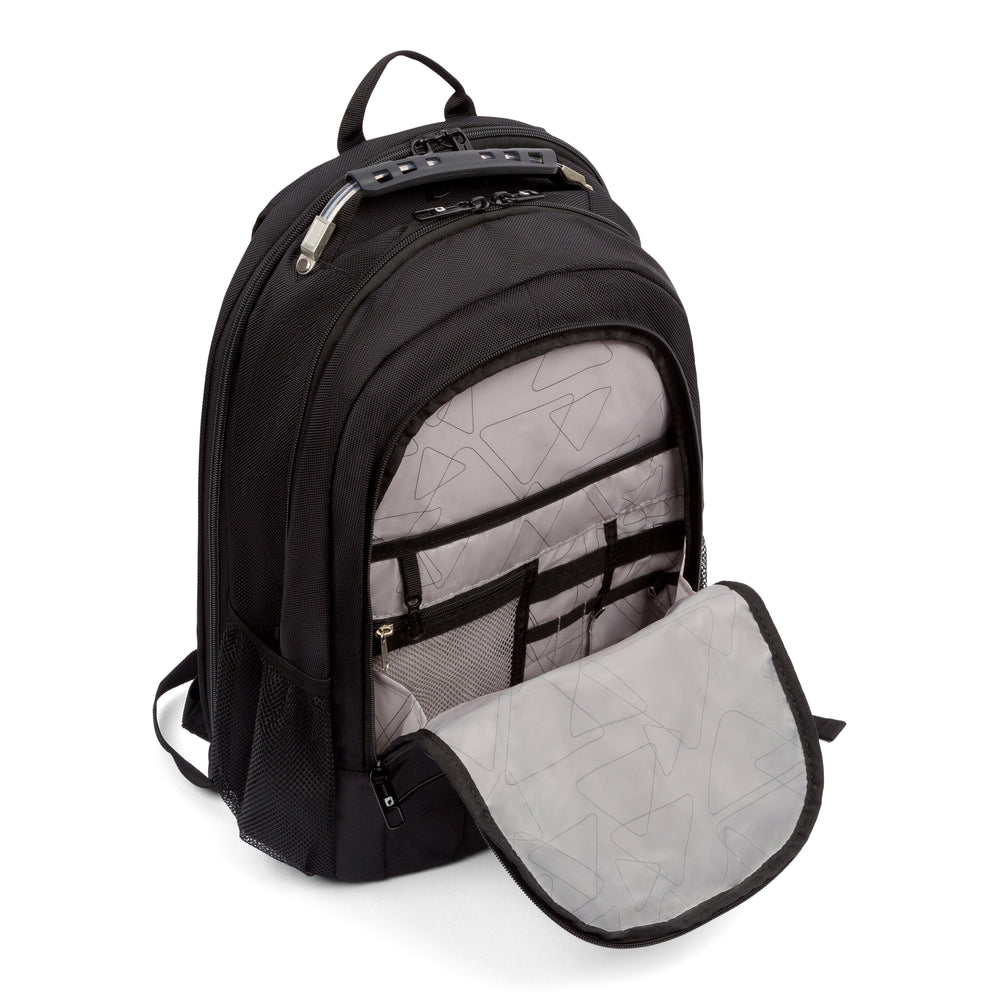 Commuter TSA-friendly laptop backpack in Black, front organizer pocket