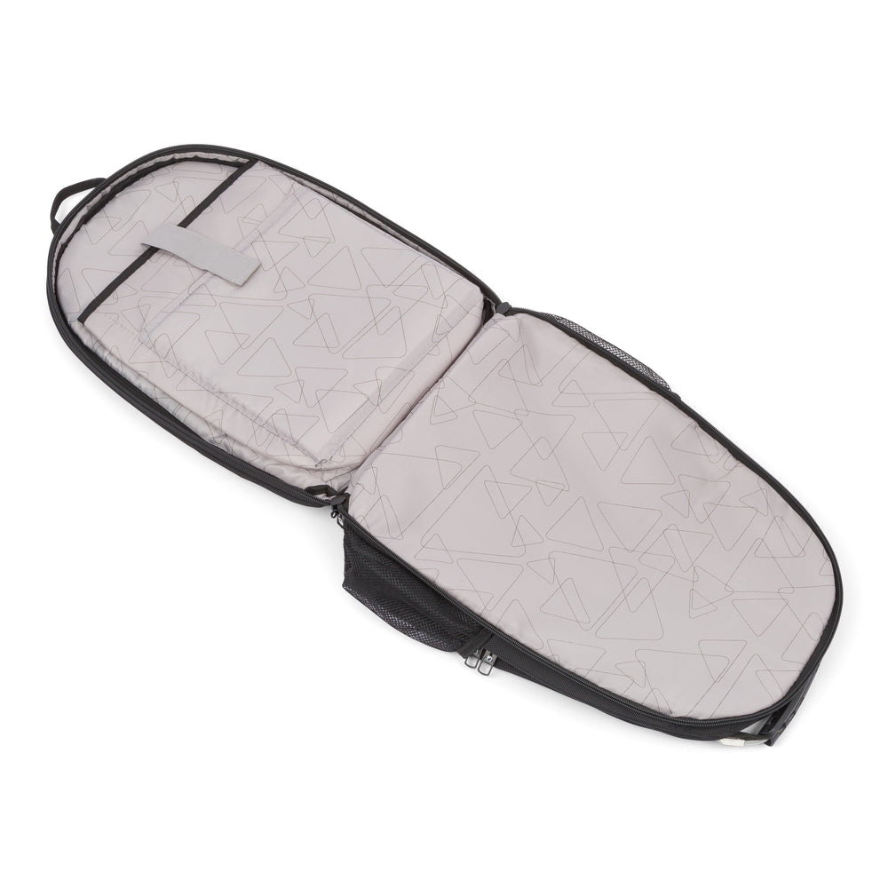 Commuter TSA-friendly laptop backpack in Black, laptop compartment opened flat