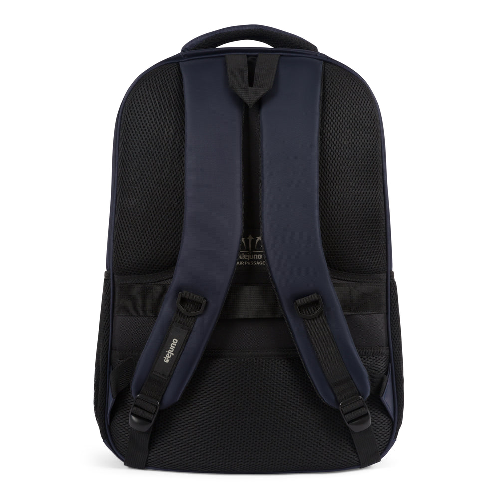 Pioneer laptop backpack with trolley sleeve in Navy, back view with padded back panel and shoulder straps