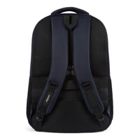 Pioneer laptop backpack with trolley sleeve in Navy, back view with padded back panel and shoulder straps