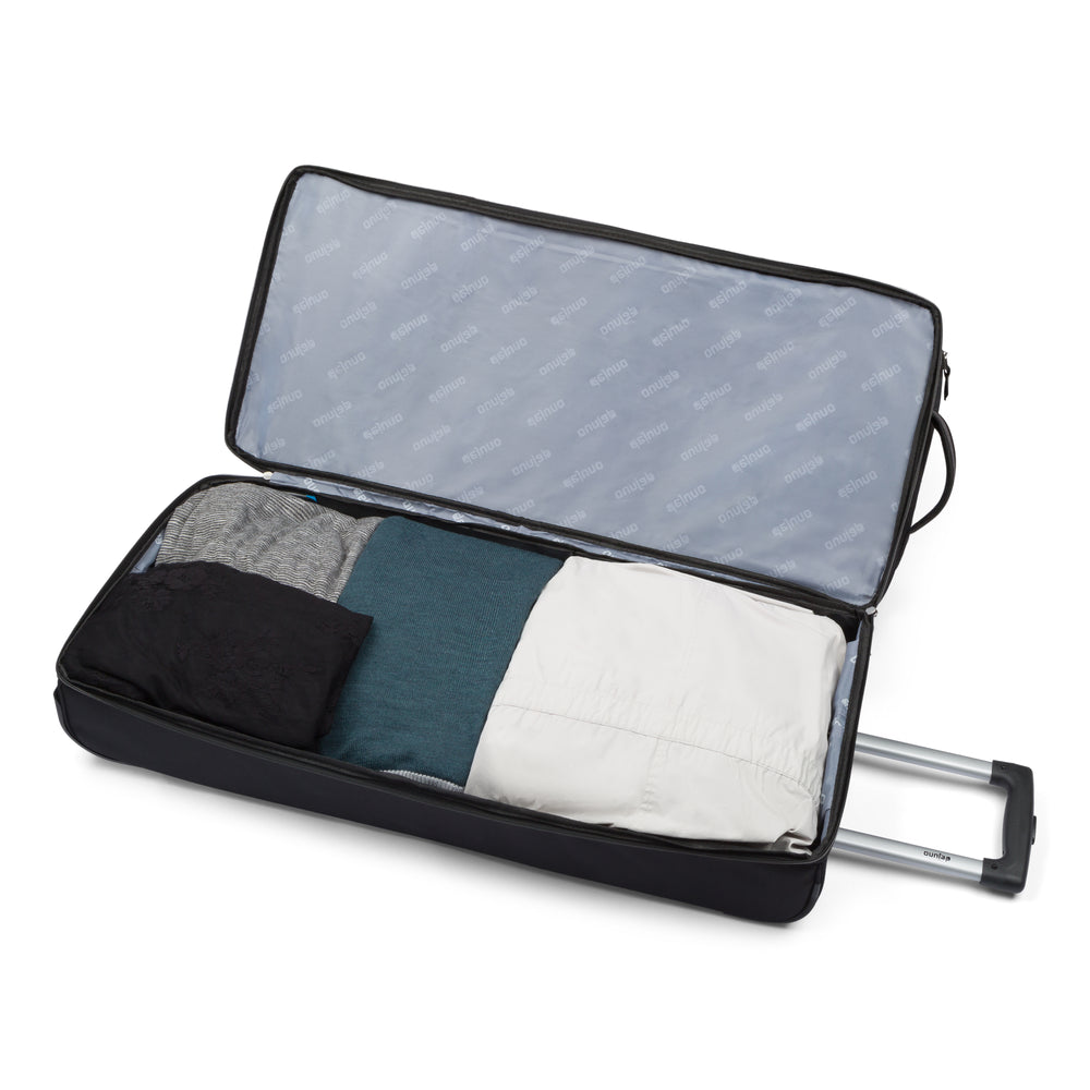 Odyssey rolling duffel bag in Black, drop-bottom compartment open