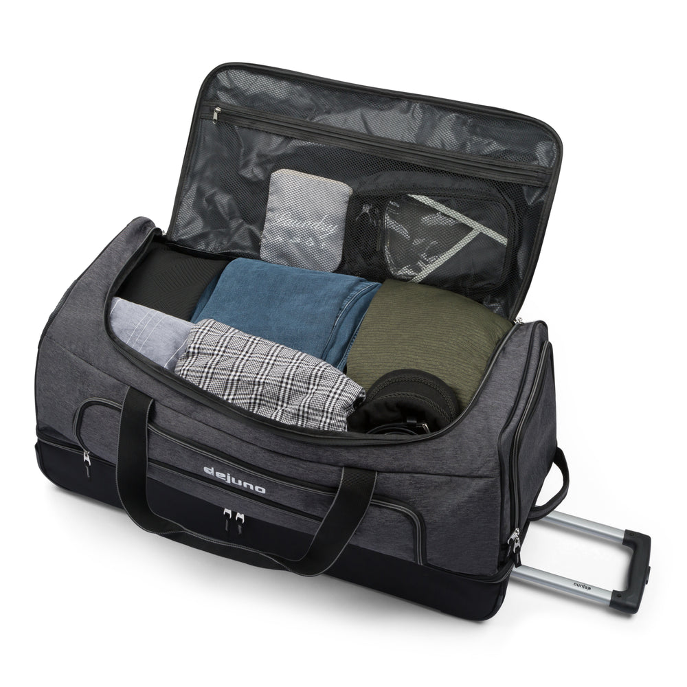 Odyssey rolling duffel bag in Black, open, showing the interior pockets