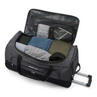 Odyssey rolling duffel bag in Black, open, showing the interior pockets