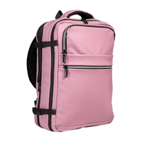 Stryde commuter backpack in Mauve pink, front angle showing the reflective stripes and side buckle straps