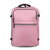Stryde 20L expandable commuter backpack in Mauve pink, front view with reflective stripes