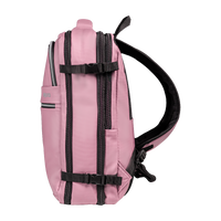 Side view of the Stryde backpack in Mauve showing the side straps and buckles that expand it from 20L to 28L