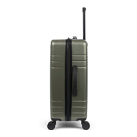 Side view of the Eminence suitcase in Olive showing the side handle and expansion zipper