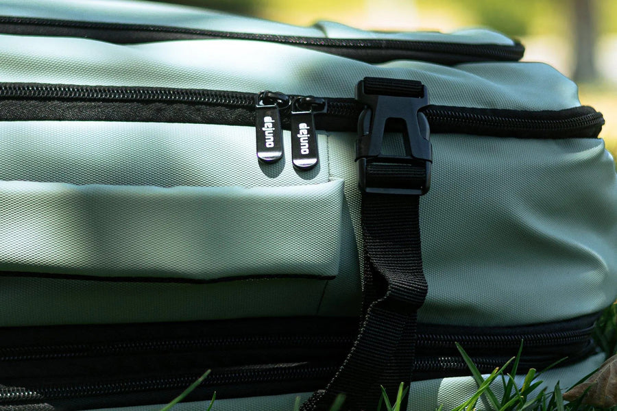 Weekender 40L travel backpack buckle and side compression strap detail